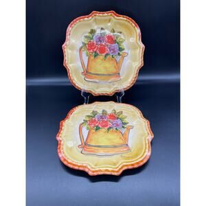 Vintage Italica ARS Pottery Set of 2 Salad Plates Hand Painted Flowers Italy